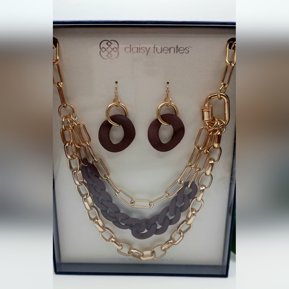 Gold & Burgundy Chunky Chain Link Necklace & Earrings Box Set NWT